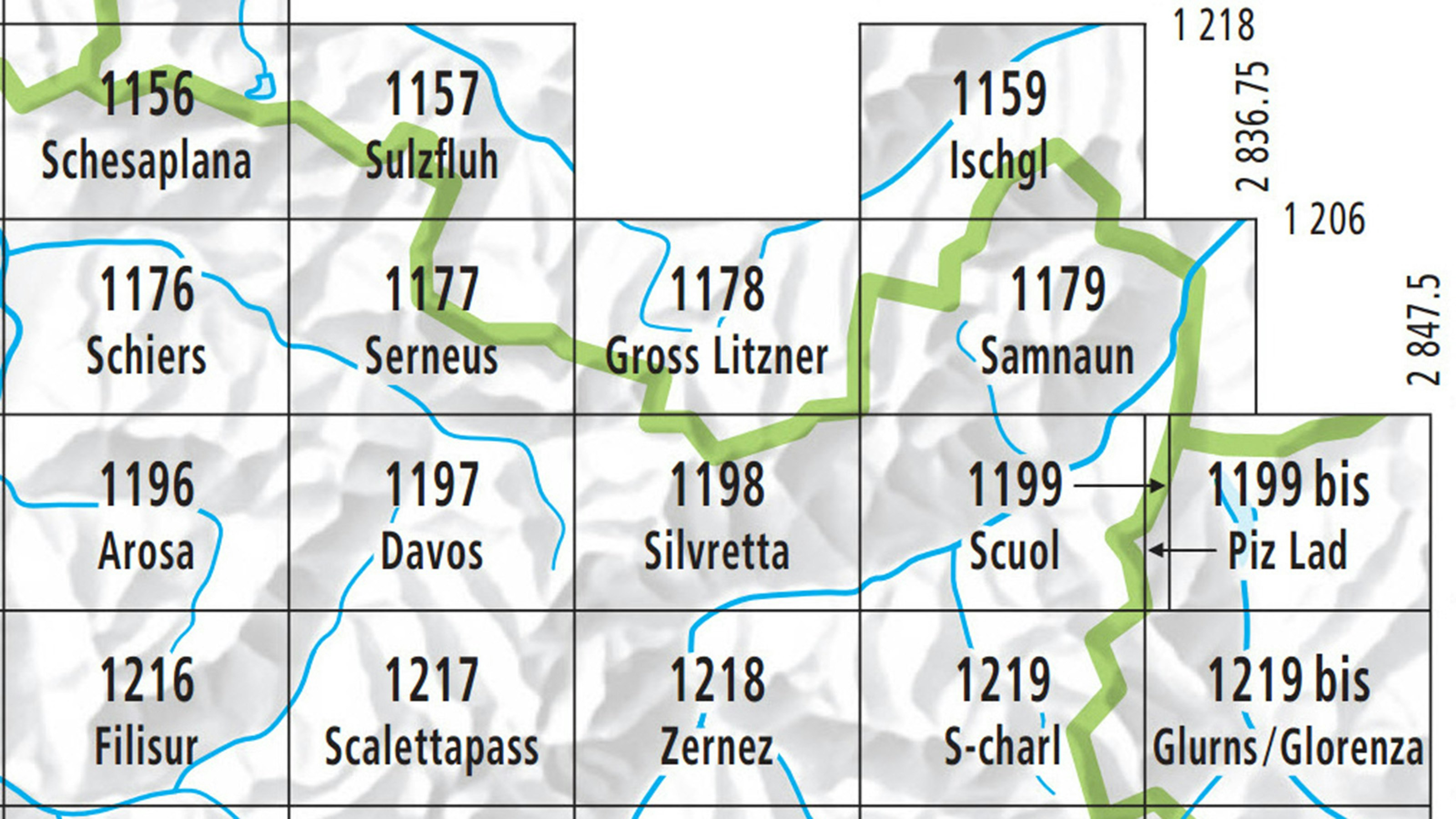 Ausschnitt aus der Blatteinteilung der Landeskarte, Raum Graubünden.