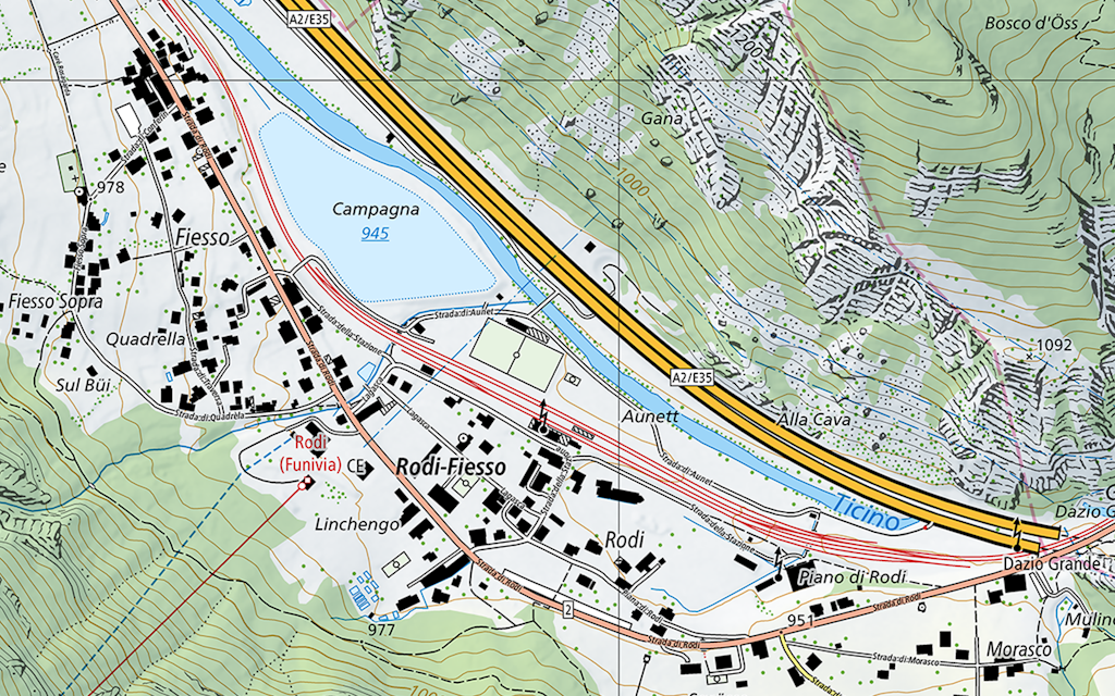 Das Bild zeigt einen Kartenausschnitt vom Dorf Rodi-Fiesso (TI) mit der Umgebung, dem See Campagna, dem Fluss Ticino und der Autobahn.