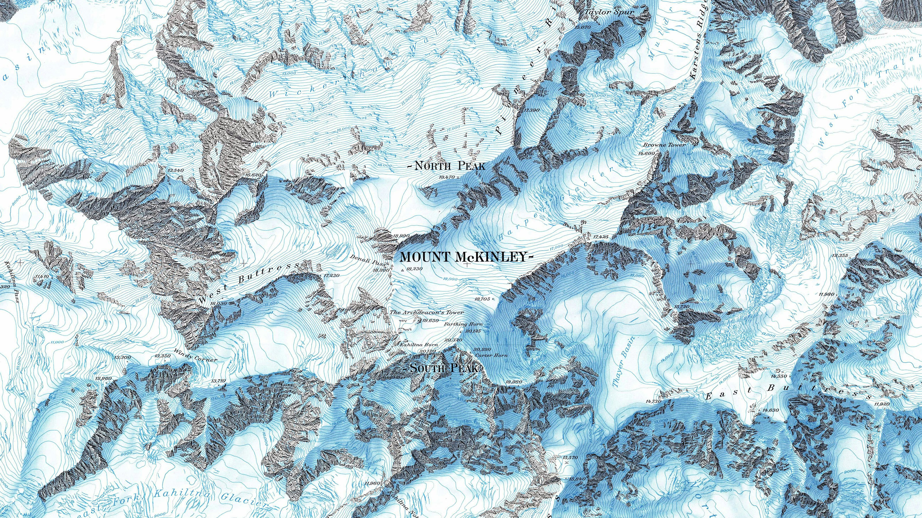 Karte des Mount McKinley, Ausschnitt. Die Karte zeigt ein US-amerikanisches Gebiet, ist aber in der Schweizer Manier gehalten.