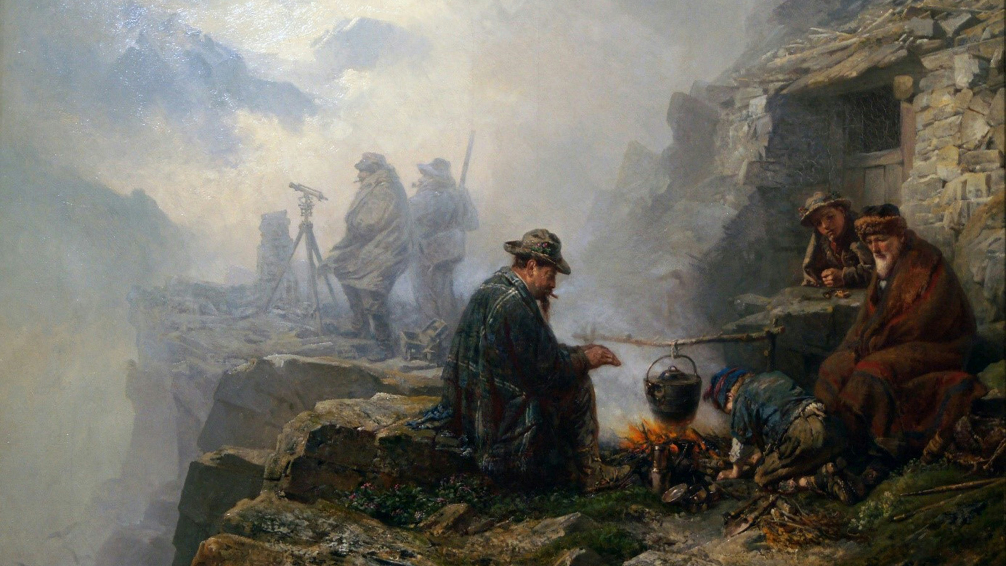 Das Gemälde zeigt vier Personen, die sich um ein Lagerfeuer in gebirgigem Gelände gesellen. Im Hintergrund stehen zwei Männer hinter einem Theodolit im Nebel.