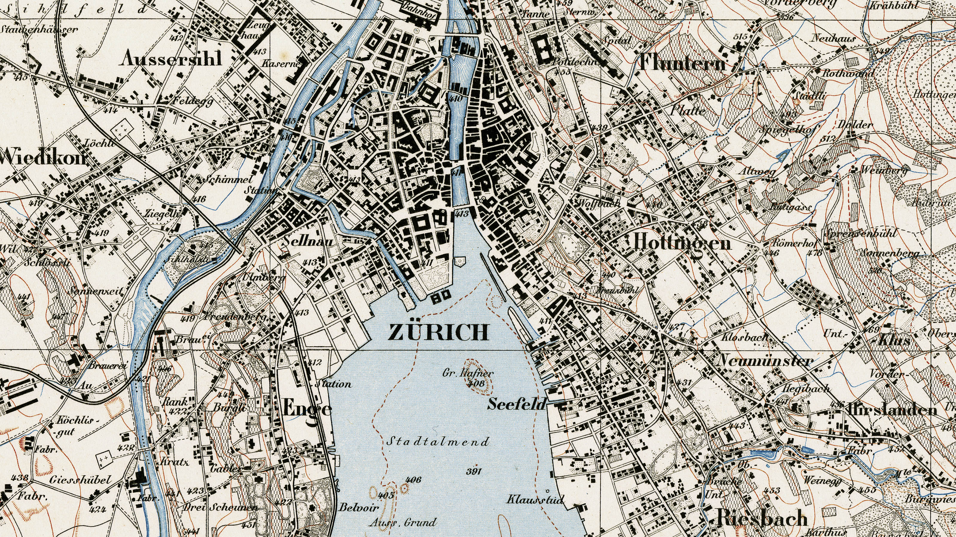 Sezione della carta Siegfried nell'area di Zurigo. La mappa risale al 1881.