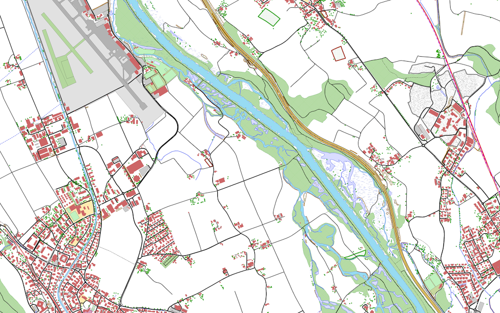 Das Bild zeigt das Landschaftsmodell swissTLM3D in der Region Belp - Rubigen - Allmendingen b. Bern