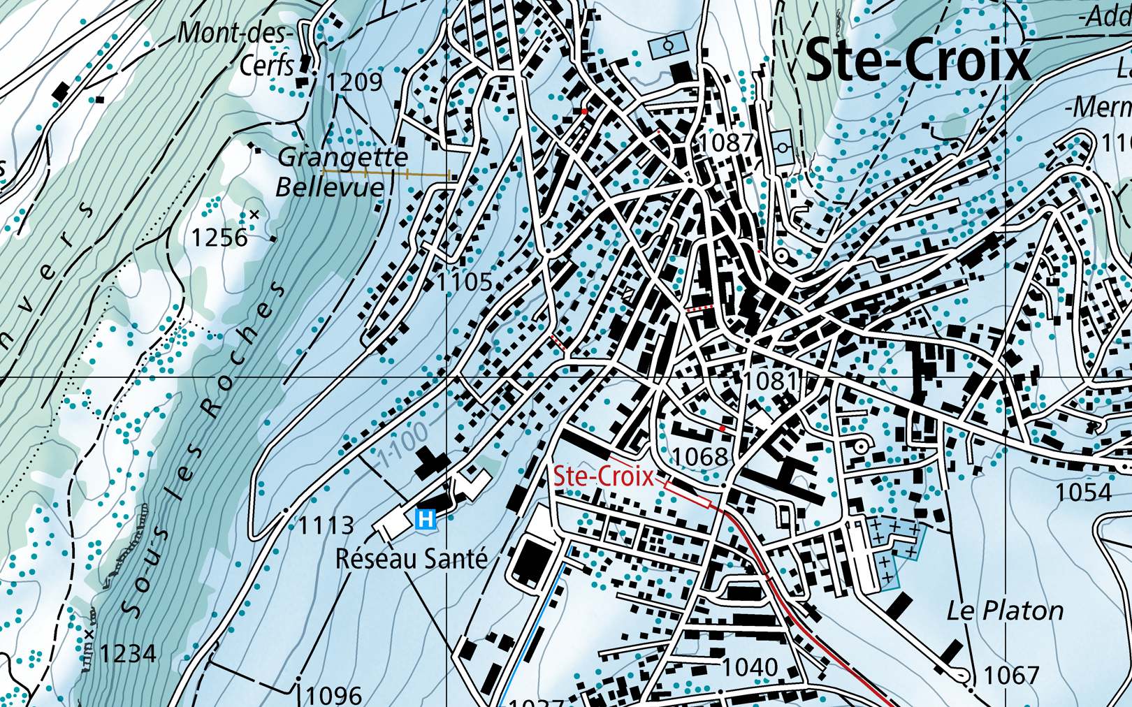 Das Bild zeigt einen Kartenausschnitt von Ste-Croix in winterlicher Farbgebung.