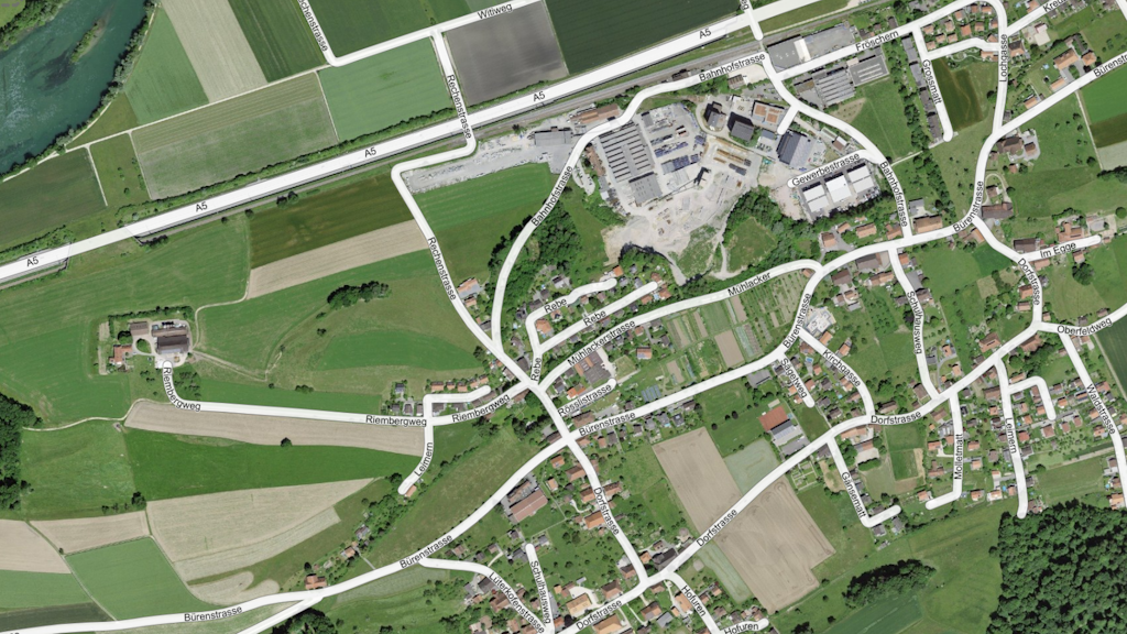 The picture shows an aerial view of Nennigkofen (SO), with the corresponding street names of the official directory.