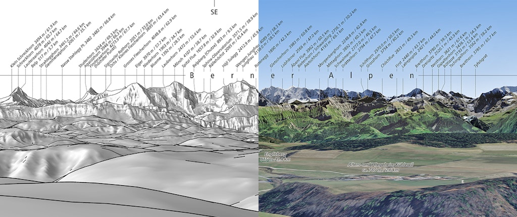 Die angefertigte Collage zeigt zwei Produktvarianten eines DIGIRAMA Deluxe. Links als Graustufenabbildung und rechts mit einem Orthofoto überlagertes Panoramabild.