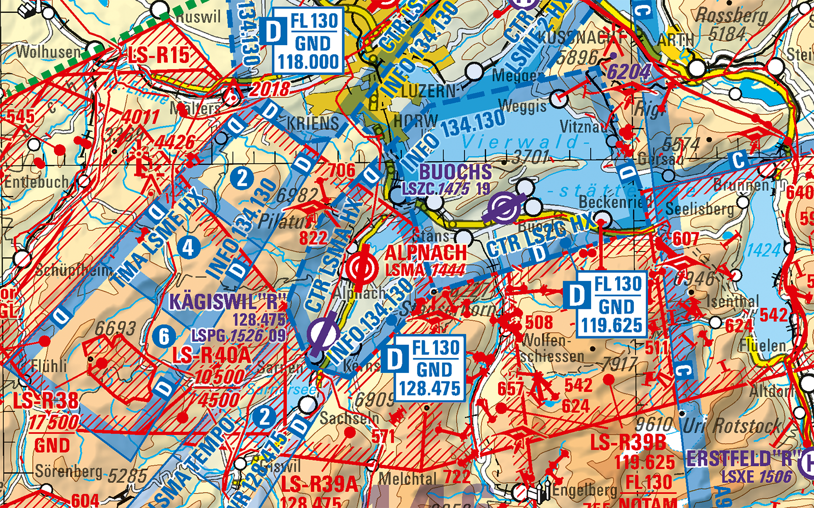 Das Bild zeigt einen Ausschnitt der Aeronautischen Karte von der Region Vierwaldstättersee und südwestlich bis Sörenberg.