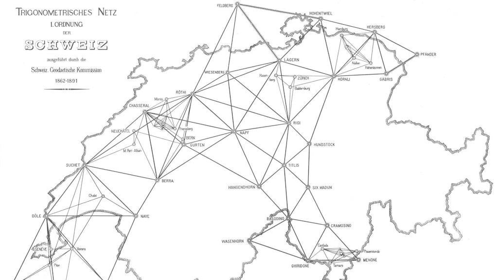 Rete di triangolazione della Svizzera. Schema della Svizzera, punti di misurazione e linee di collegamento. 
