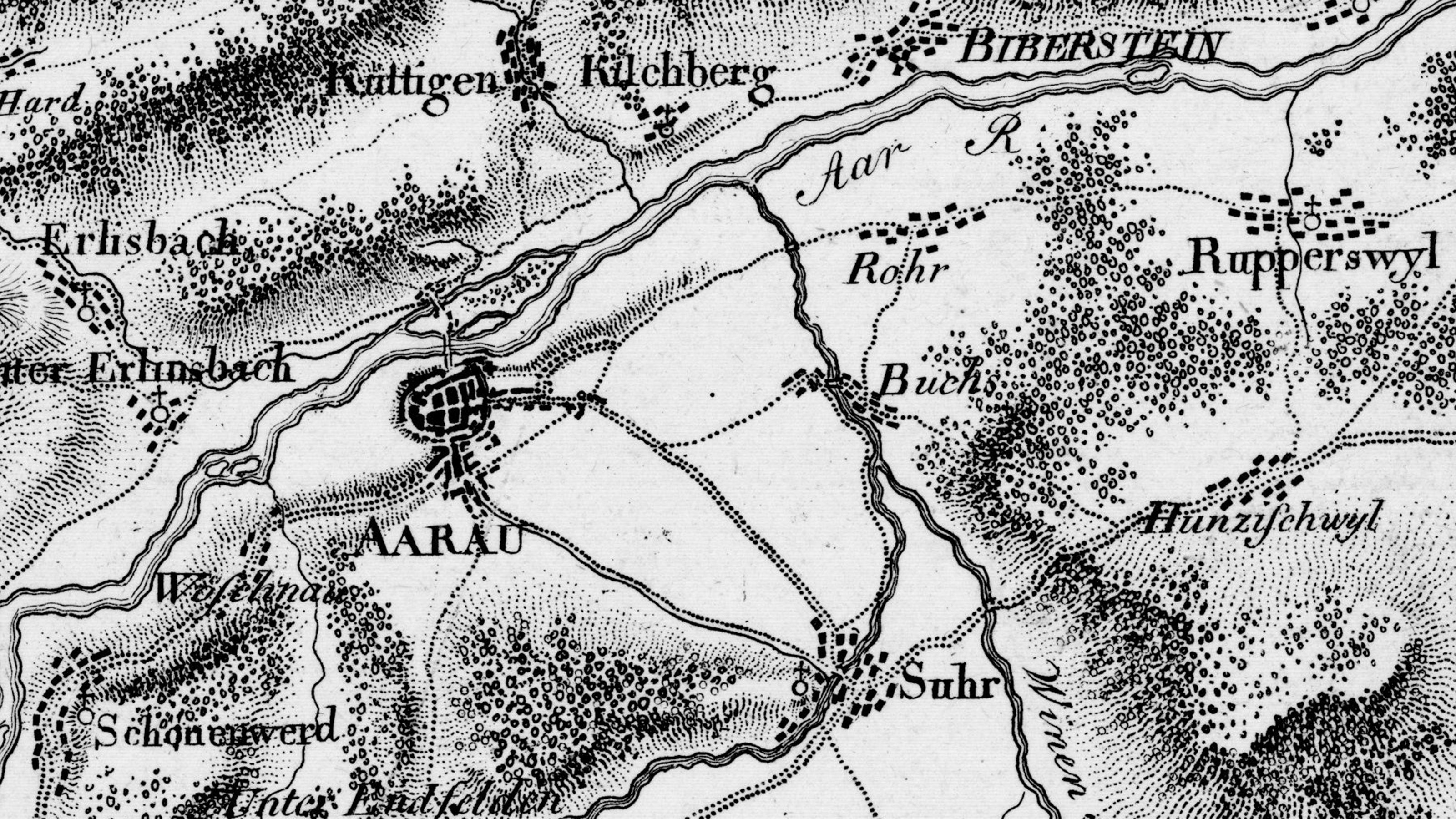 The Aarau area on sheet 2 of the Atlas Suisse from 1800.