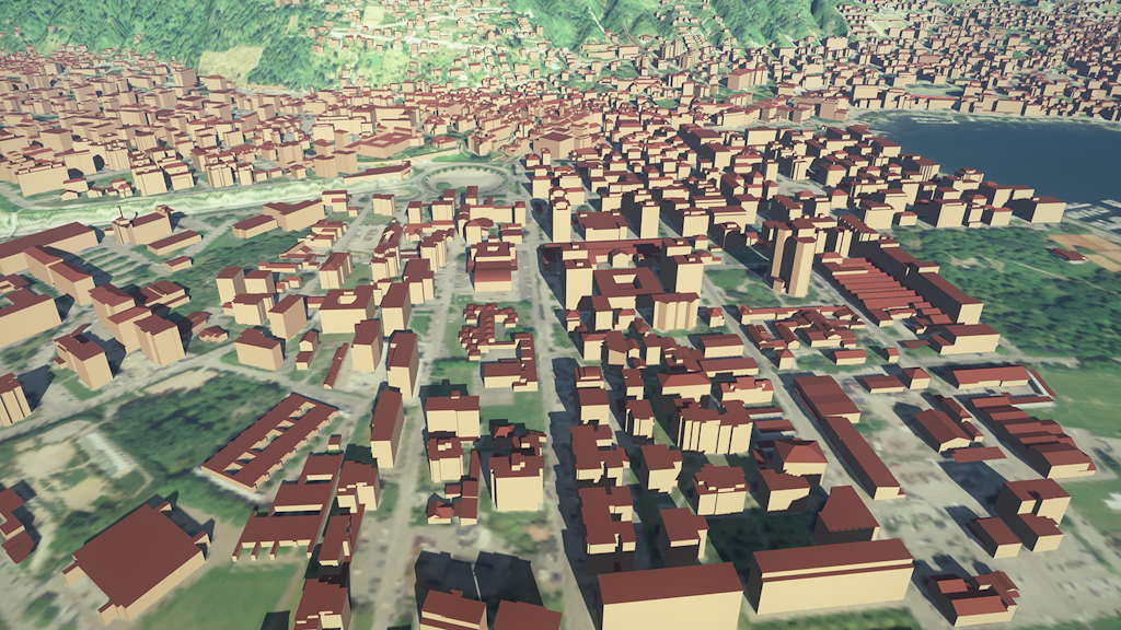 L'image montre des modèles de bâtiments 3D de Locarno intégrés dans un modèle 3D texturé avec une photo aérienne.
