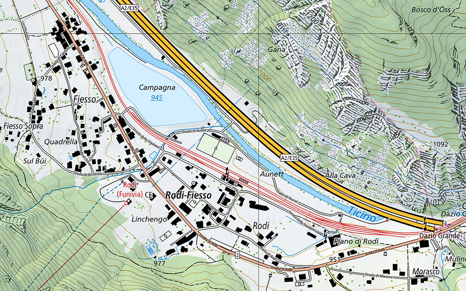 The picture shows a map of the village of Rodi-Fiesso (TI) with the surrounding area, Lake Campagna, the River Ticino and the motorway.