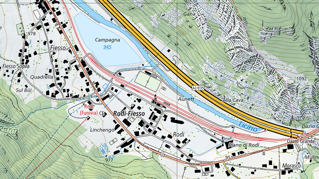 The picture shows a map of the village of Rodi-Fiesso (TI) with the surrounding area, Lake Campagna, the River Ticino and the motorway.