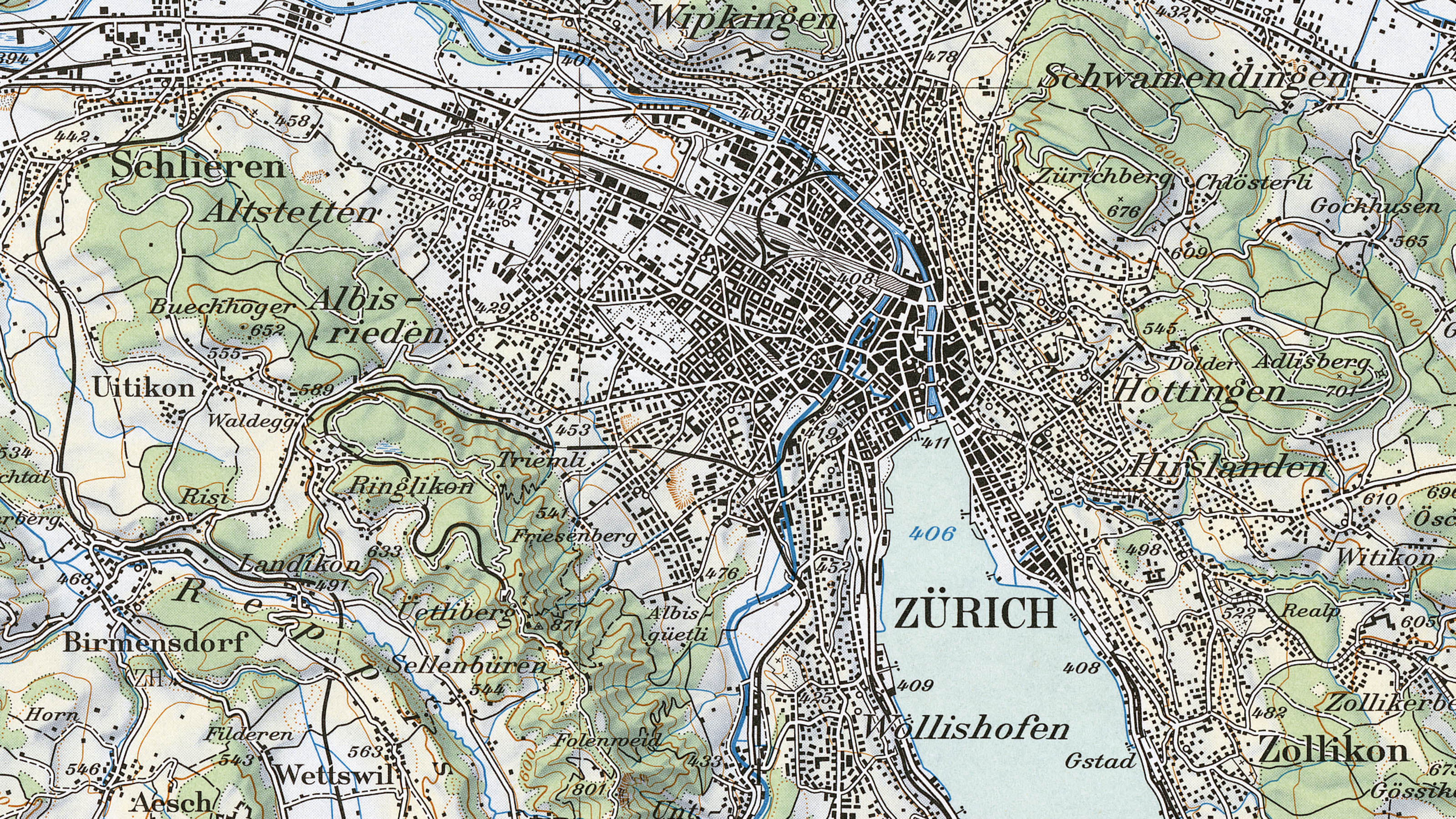 Ausschnitt der Landeskarte im Massstab 1:100 000 aus dem Jahr 1959. Der Ausschnitt zeigt das Zentrum Zürichs auf der mehrfarbigen Karte.