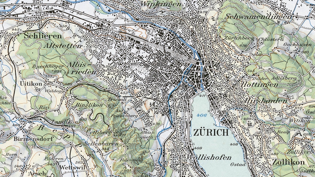 Extract from the 1959 1:100,000 National Map. The extract shows the centre of Zurich on the multicoloured map.