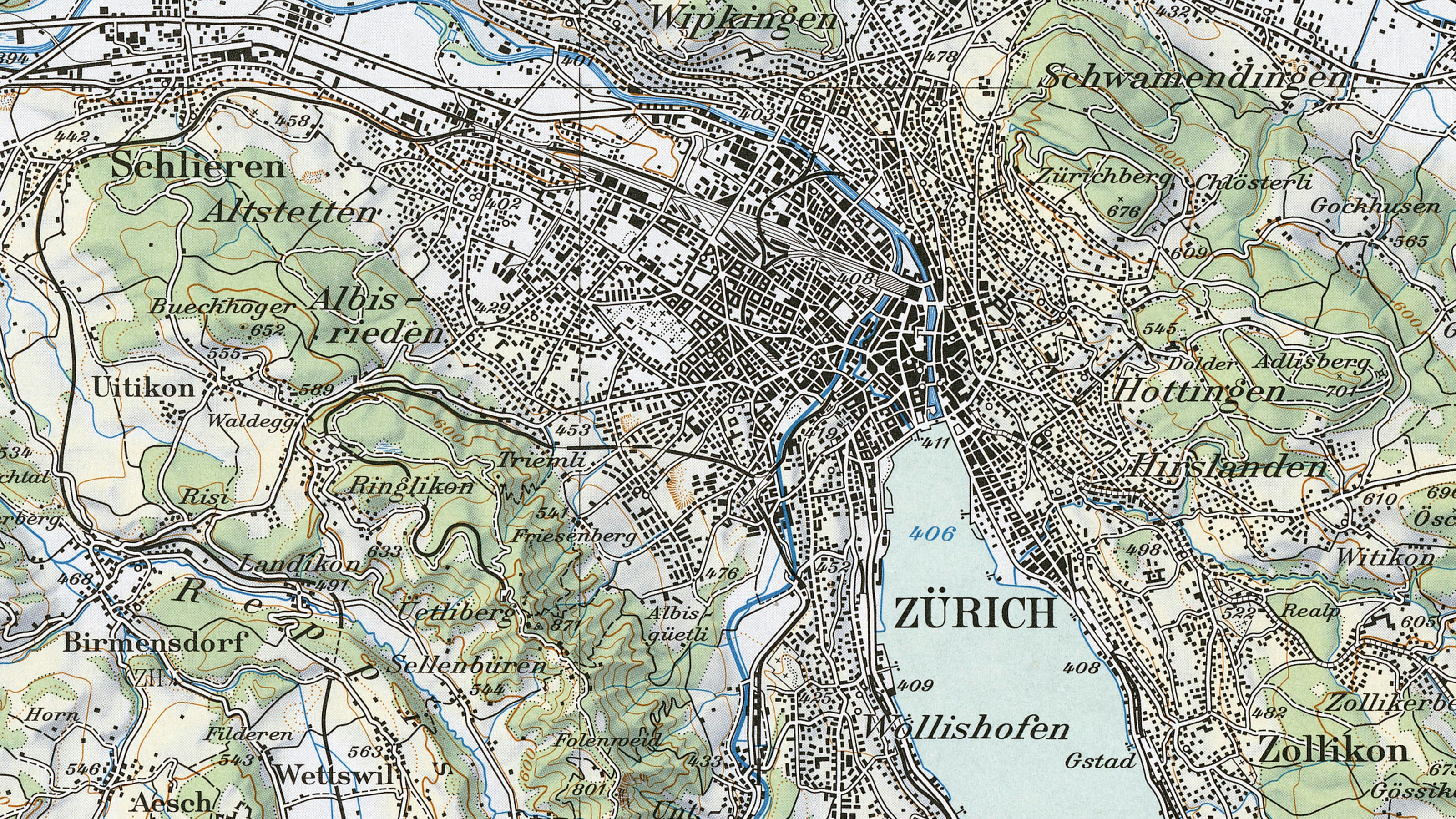 Ausschnitt der Landeskarte im Massstab 1:100 000 aus dem Jahr 1959. Der Ausschnitt zeigt das Zentrum Zürichs auf der mehrfarbigen Karte.
