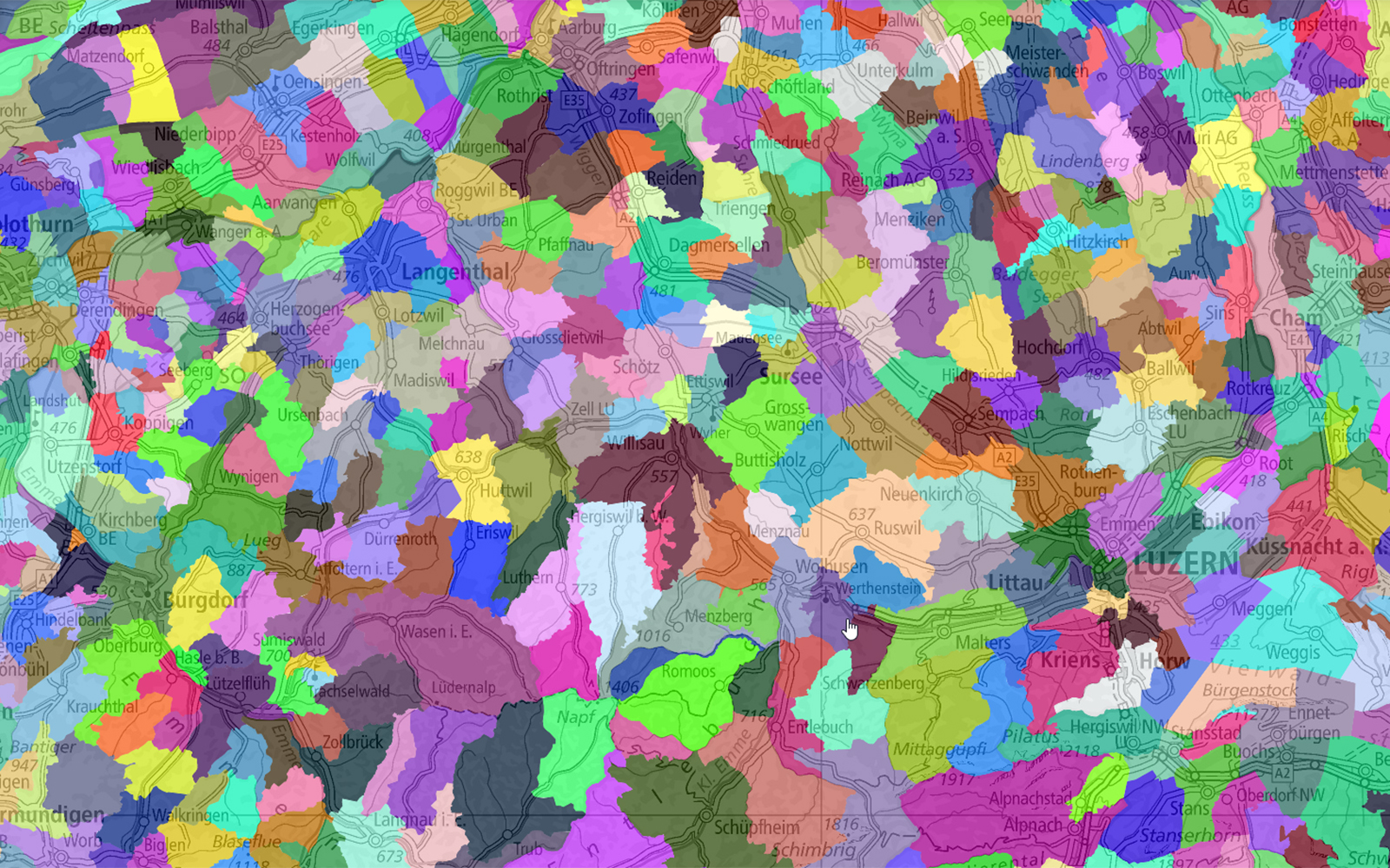 L'immagine mostra una sezione della mappa da Lucerna a Soletta, con i perimetri dell'elenco ufficiale dei luoghi colorati.