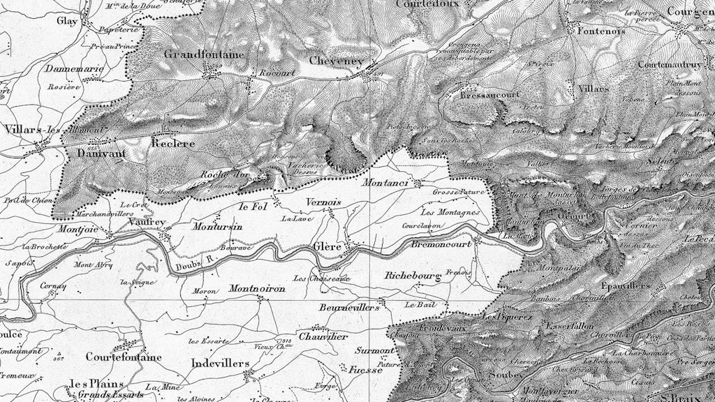 The illustration shows part of the Jura on sheet VII of the Dufour map as well as the French territory. The Swiss territory stands out from the French areas, which are only schematically depicted, partly due to the strongly emphasised relief.