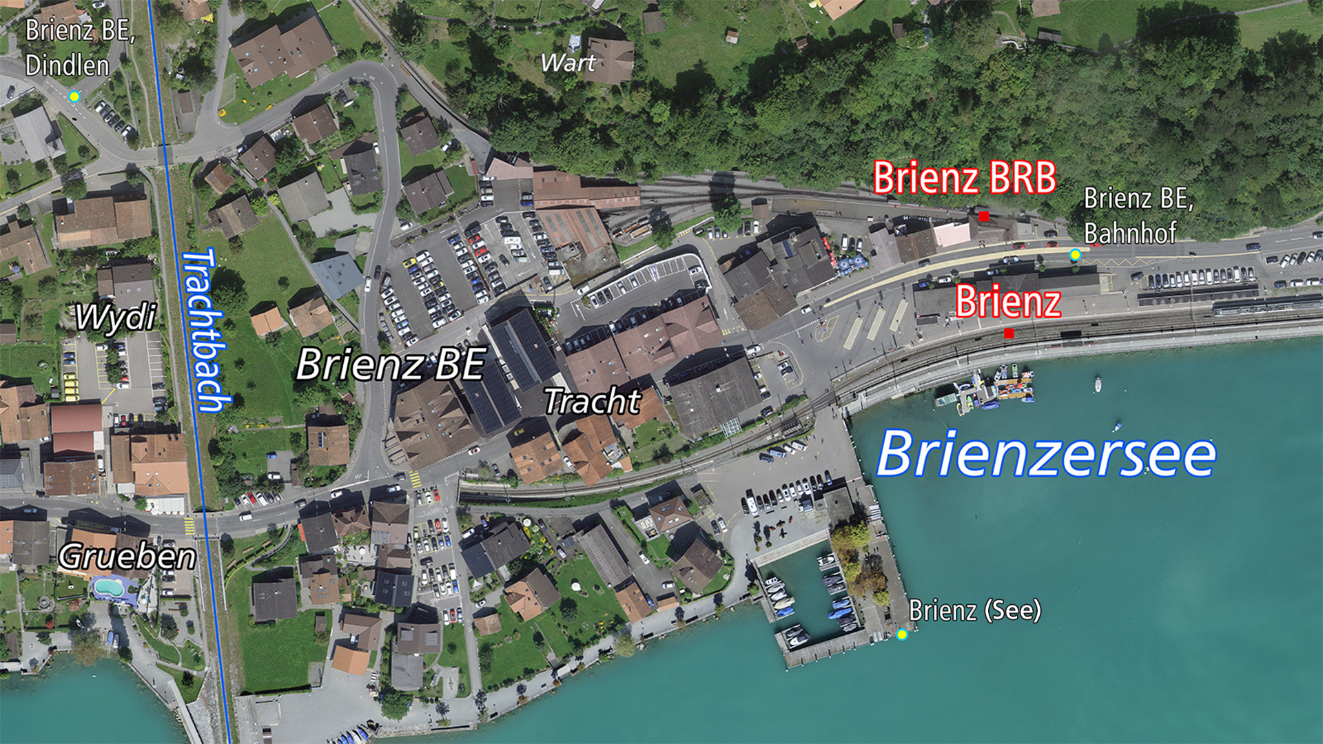 The picture shows an aerial image which is overlaid by geographic names of Brienz