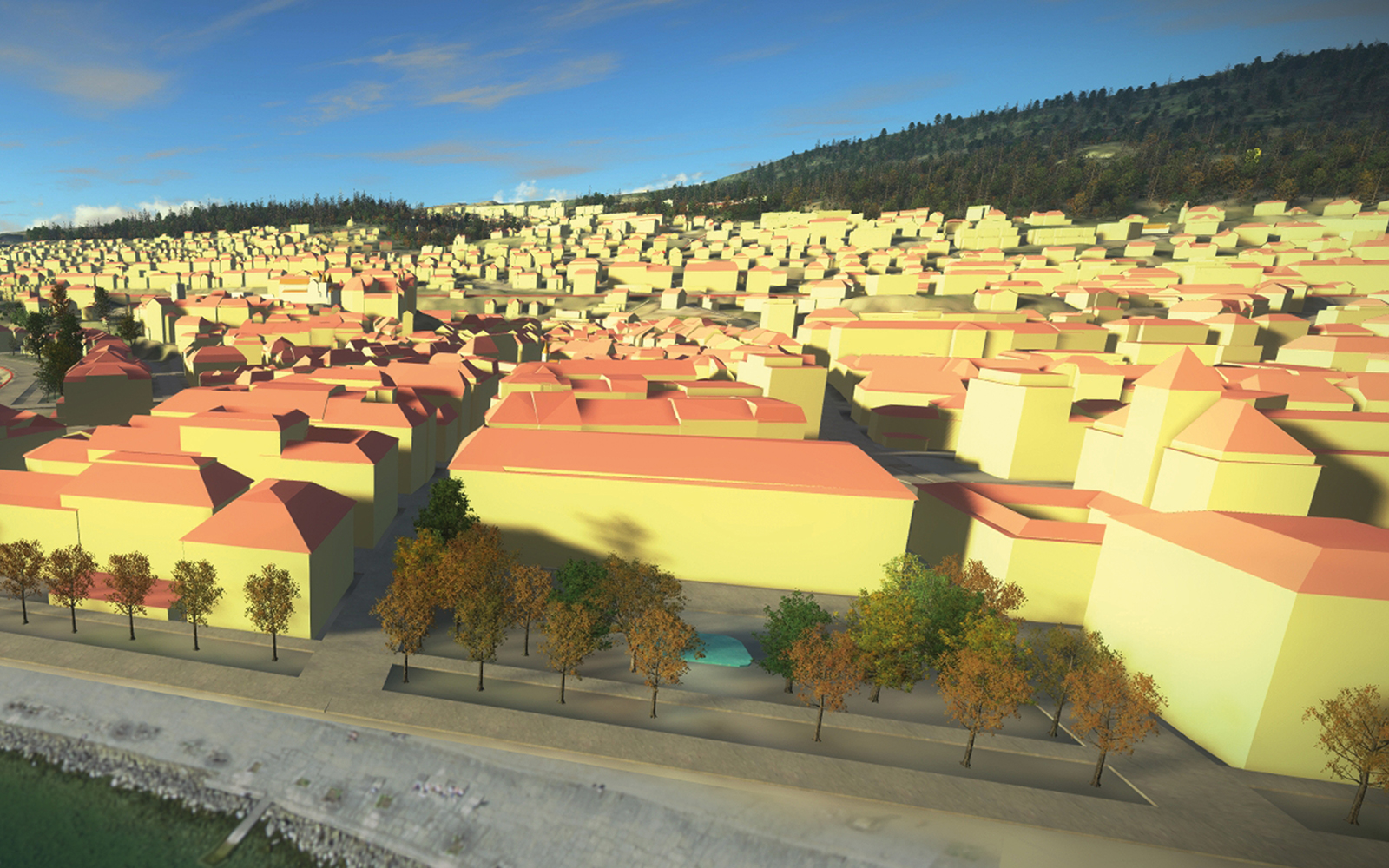 L'immagine mostra modelli di edifici in 3D di Neuchâtel da una prospettiva a volo d'uccello, guardando verso nord dal lago di Neuchâtel.