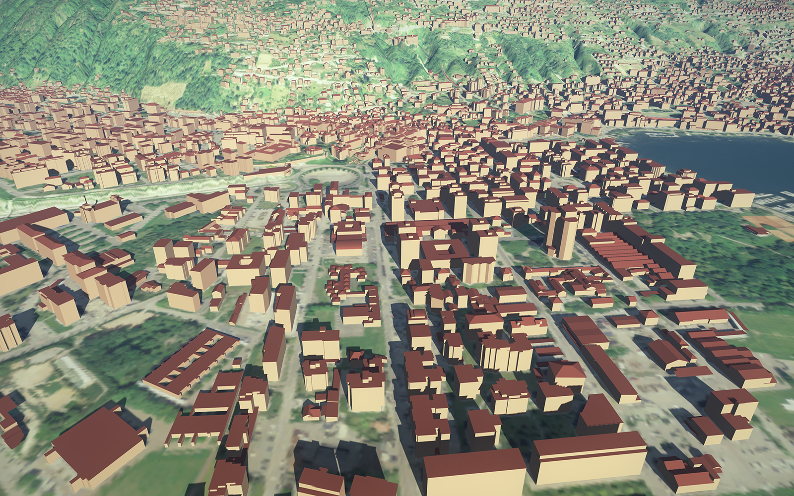 L'immagine mostra modelli 3D di edifici di Locarno integrati in un modello 3D texturizzato con un'immagine aerea.