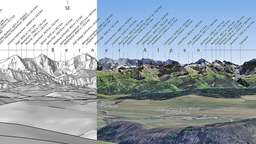 Le collage réalisé montre deux variantes de produit d'un DIGIRAMA Deluxe. À gauche, une image en niveaux de gris et à droite, une image panoramique superposée à une orthophoto.