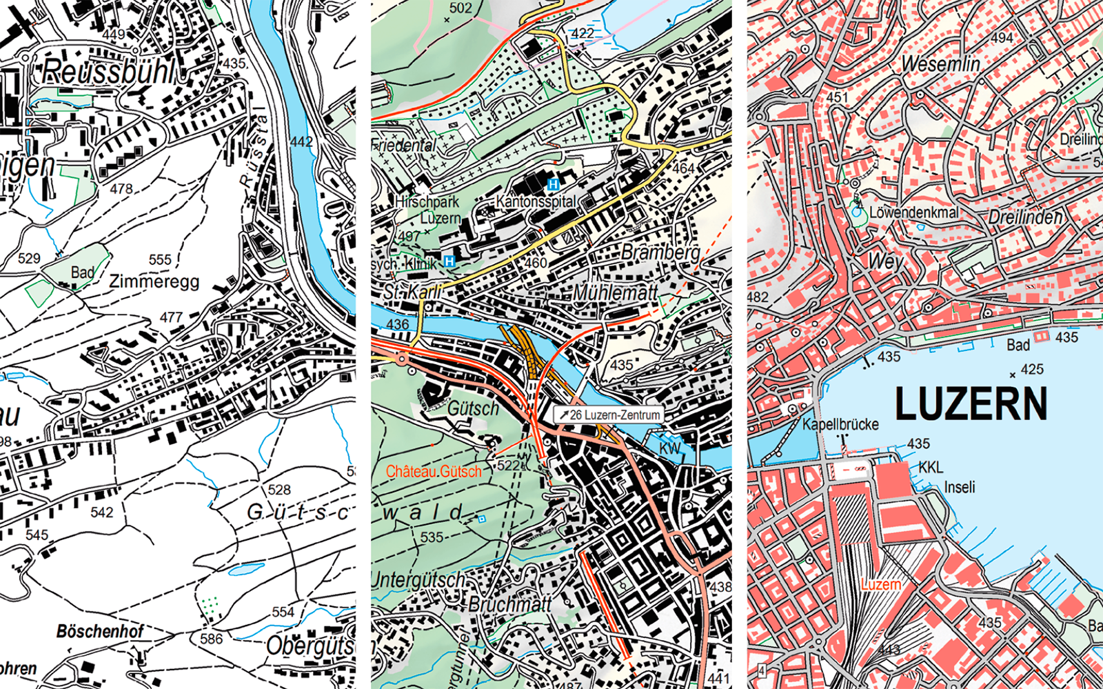 Das Bild zeigt einen Ausschnitt der Swiss Map Vector 25 Karte vom Gebiet der Stadt Luzern.