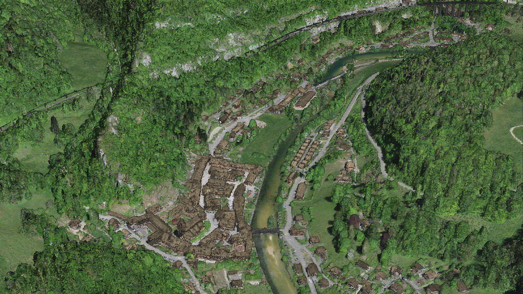 L'image montre St-Ursanne au bord du Doubs, représentée avec des données de swissSURFACE3D.