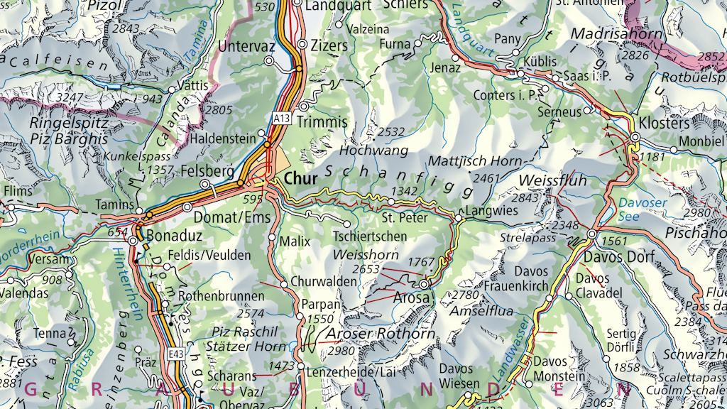 The picture shows a section of the Swiss Map Raster 500 map of the Graubünden region, from Landquart - Thusis and Klosters - Flims.