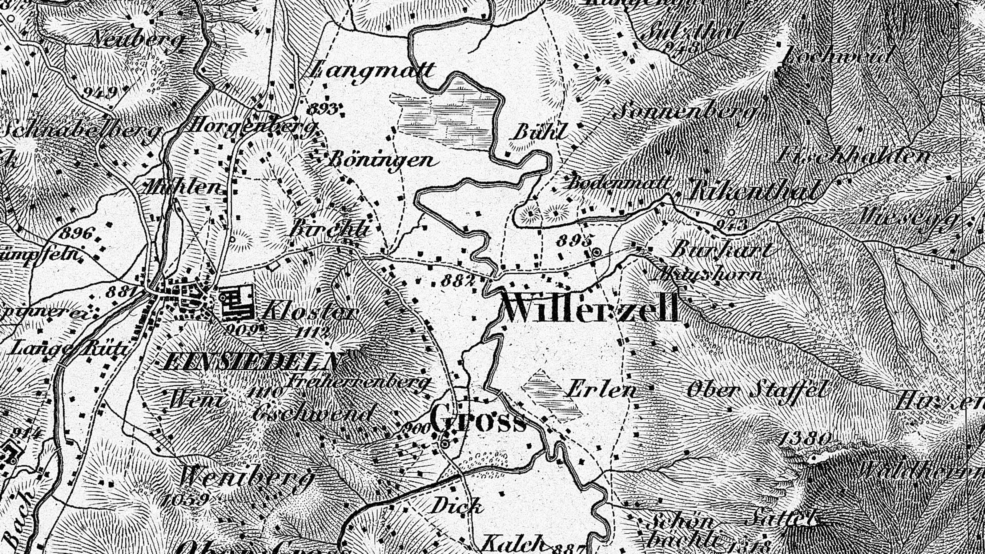 Extrait de la carte Dufour, feuille 9, de 1854. L'extrait montre Einsiedeln à peine 80 ans avant la mise en eau du lac de Sihl en 1937.