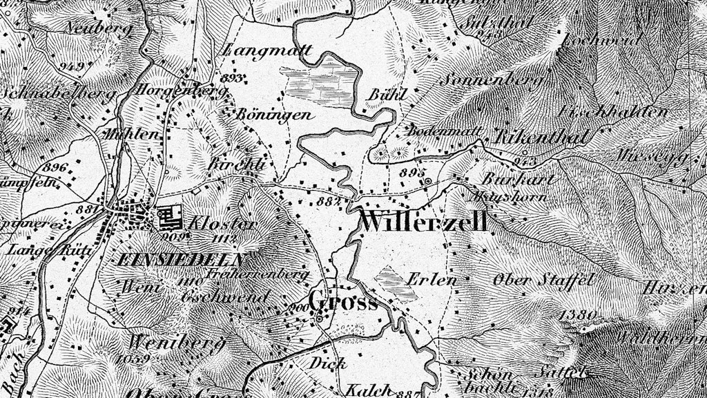 Extrait de la carte Dufour, feuille 9, de 1854. L'extrait montre Einsiedeln à peine 80 ans avant la mise en eau du lac de Sihl en 1937.