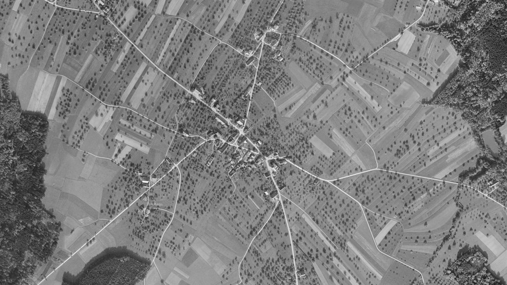 Vue aérienne du village thurgovien d'Illighausen en 1953. Le village est entouré d'arbres fruitiers plantés dans les champs.