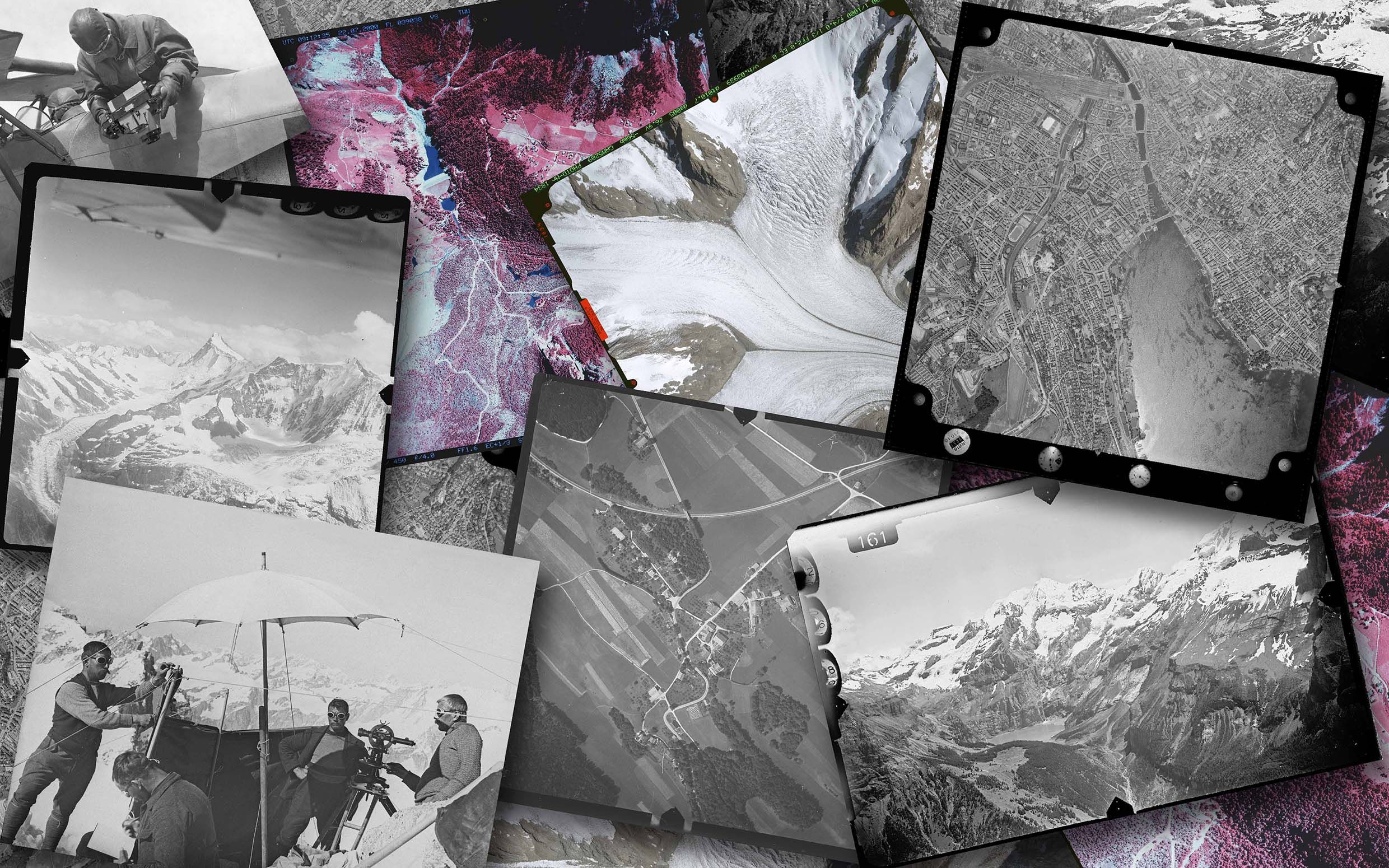 Beispiele von historischen Lutbildern und terrestrischen Aufnahmen aus der Bildsammung von swisstopo in Form einer Collage.
