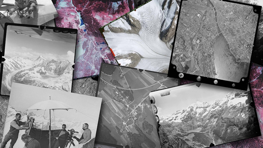 Exemples d'images aériennes historiques et de prises de vue terrestres de la collection d'images de swisstopo sous forme de collage.