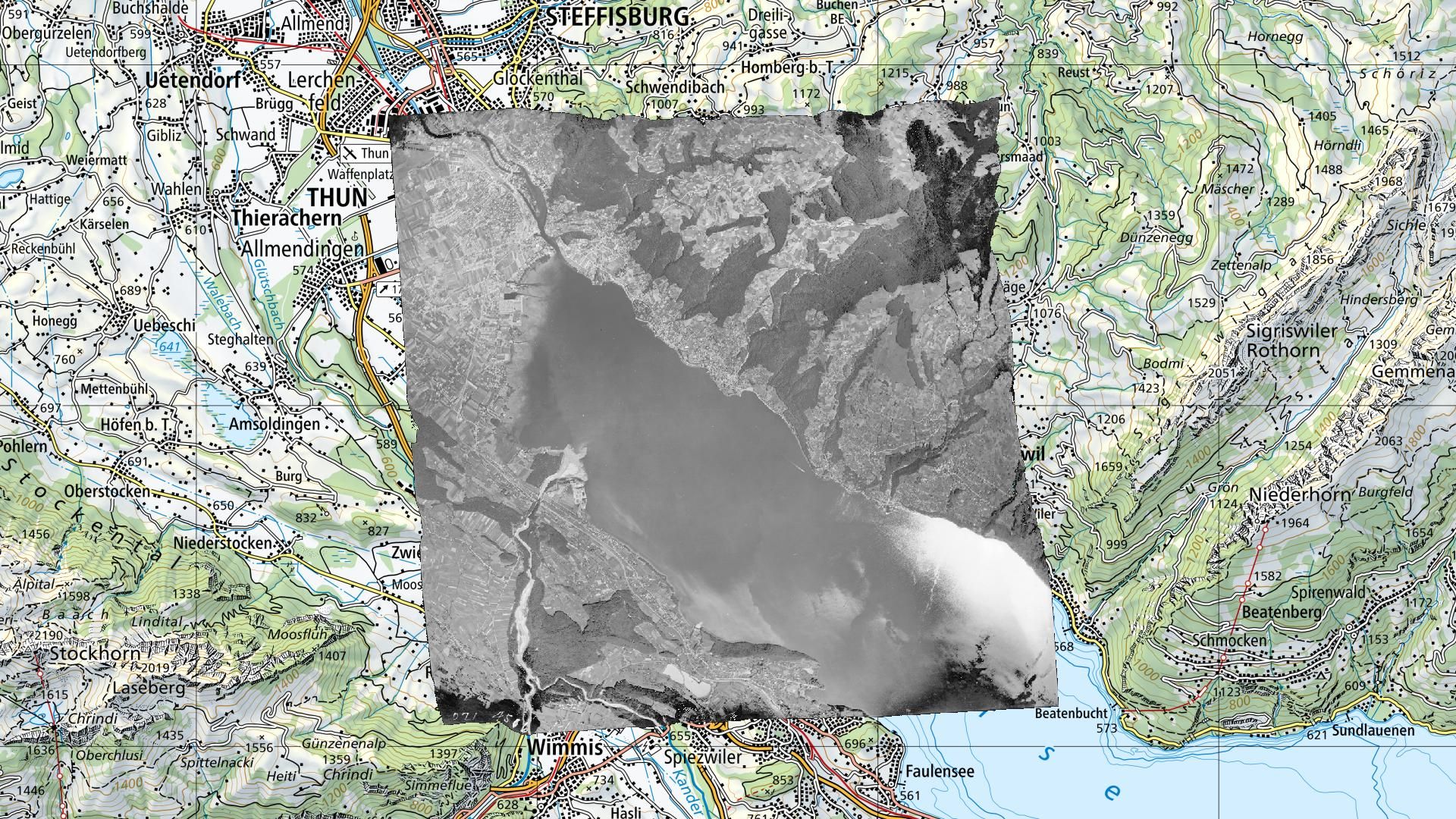 Orthophoto of swisstopo's black and white aerial image overlaid on the national map in a GIS application.