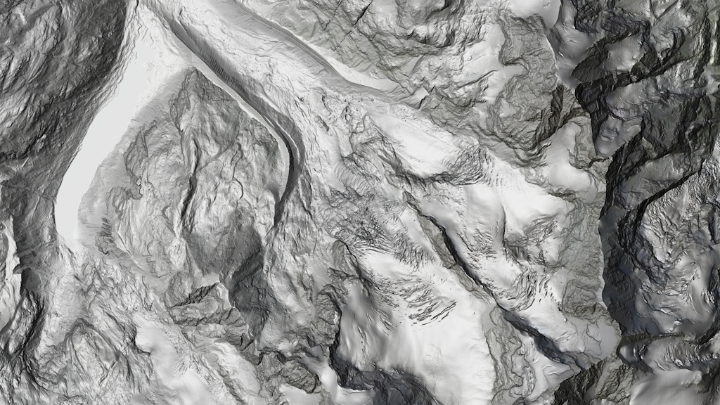 Das Bild zeigt eine Reliefschattierung aus den Daten des digitalen Terrainmodells swissALTI3D, vom Gebiet Bernina, Biancograt und Tschiervagletscher (GR).