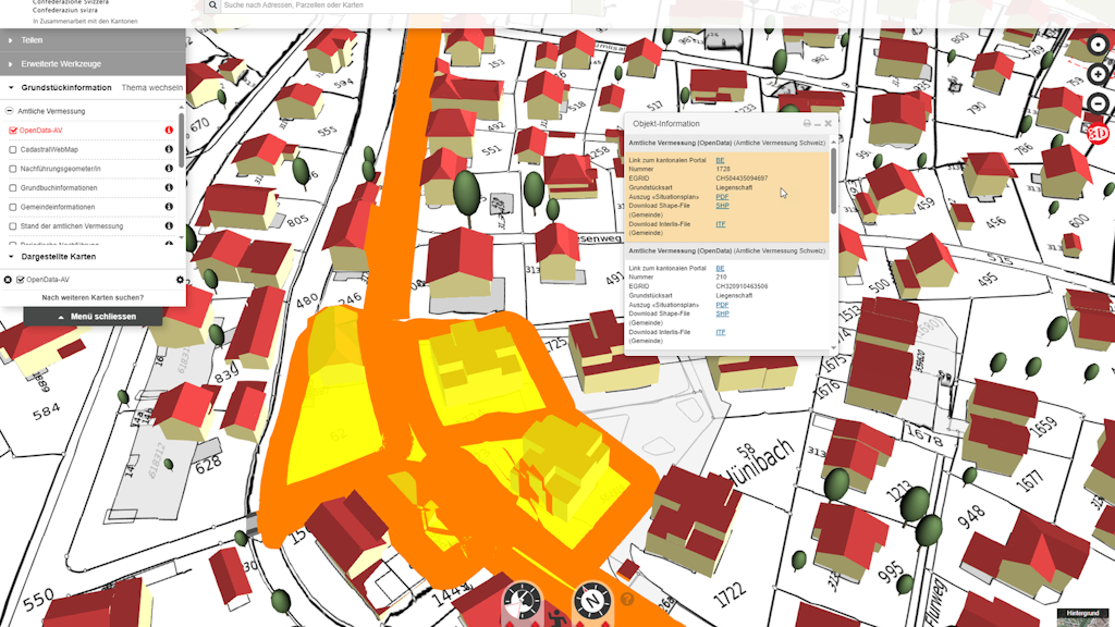 Screenshot aus dem Viewer map.geo.admin.ch, Visualisierung von Geodaten