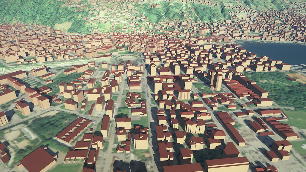 Das Bild zeigt 3D-Gebäudemodelle von Locarno integriert in einem 3D-Modell, das mit einem Luftbild texturiert ist.