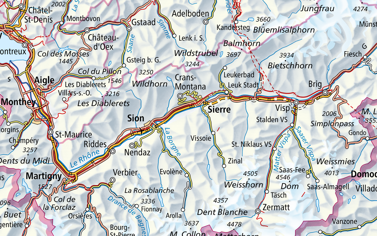 L'image montre un extrait du Swiss Map Raster 1000 de la région de la vallée du Rhône (VS) de Martigny à Fiesch. 