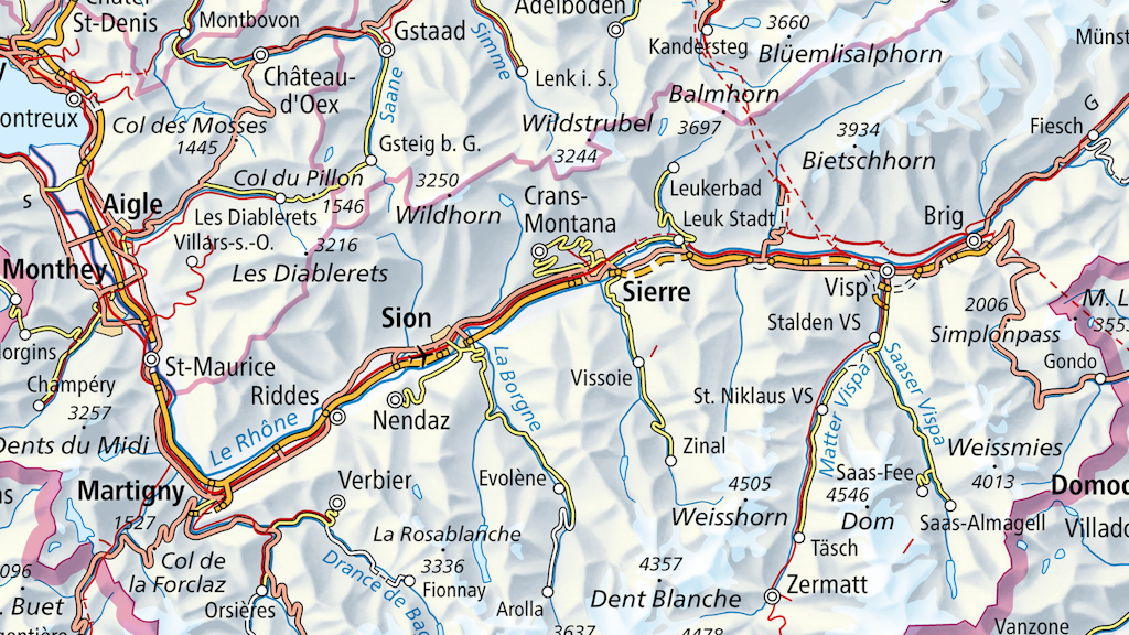 Das Bild zeigt einen Ausschnitt der Swiss Map Raster 1000 vom Gebiet des Rhonetal (VS) von Martigny bis Fiesch. 