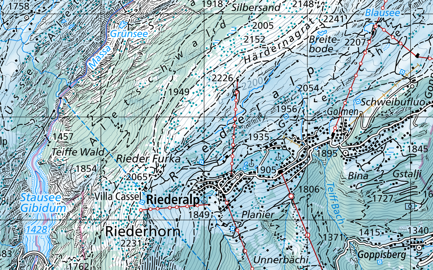 L'image montre un extrait de carte de Riederalp et de ses environs en couleurs hivernales.