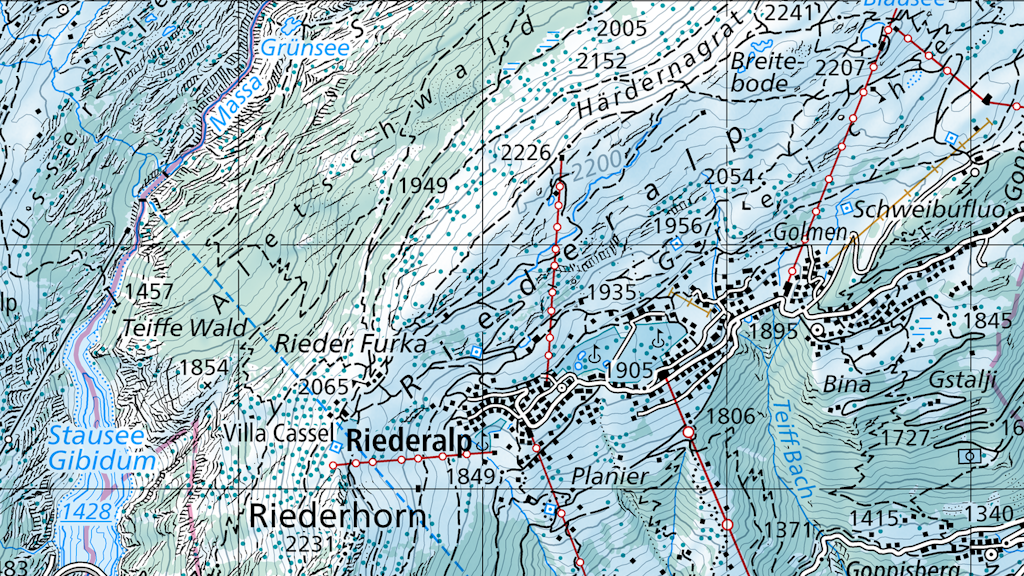 Das Bild zeigt einen Kartenausschnitt von der Riederalp und Umgebung in winterlicher Farbgebung.