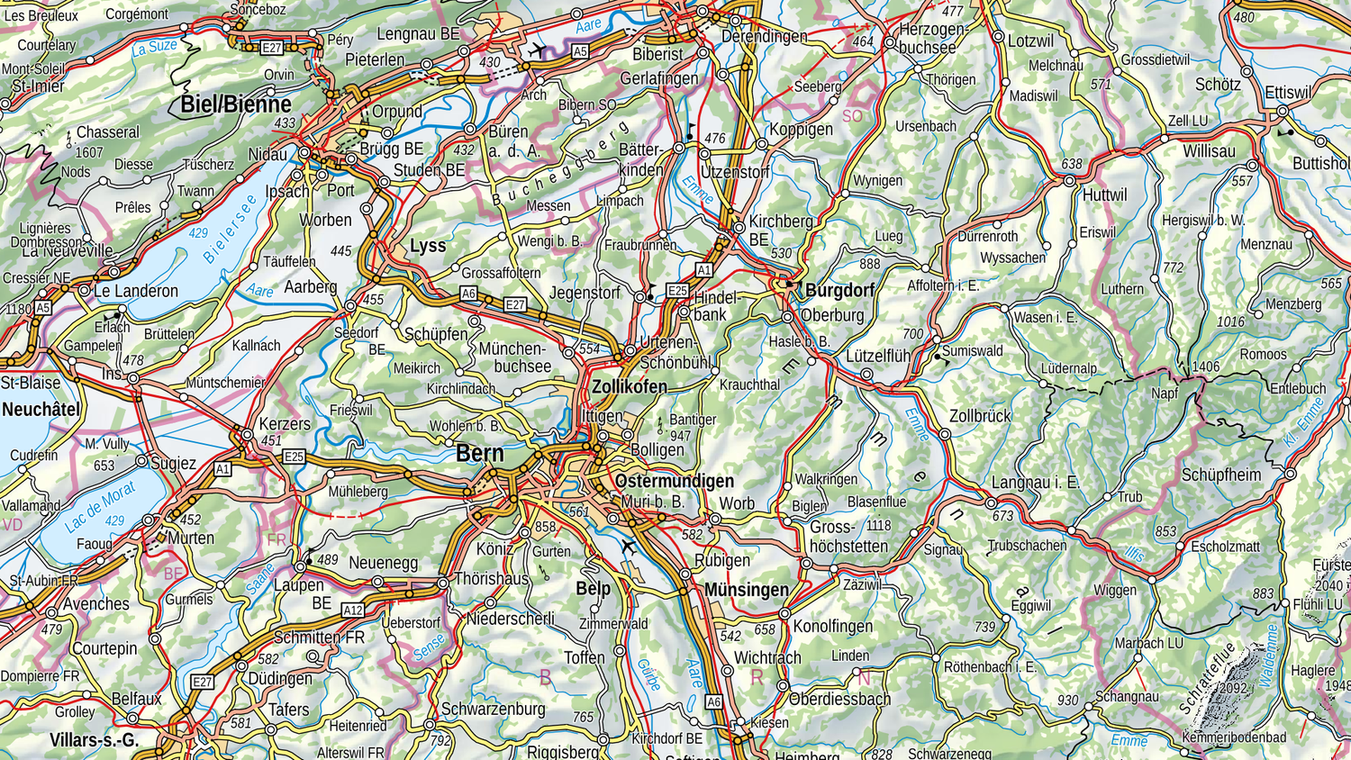 Extrait de Swiss Map Vector 500, région Biel/Bienne, Berne, Emmental