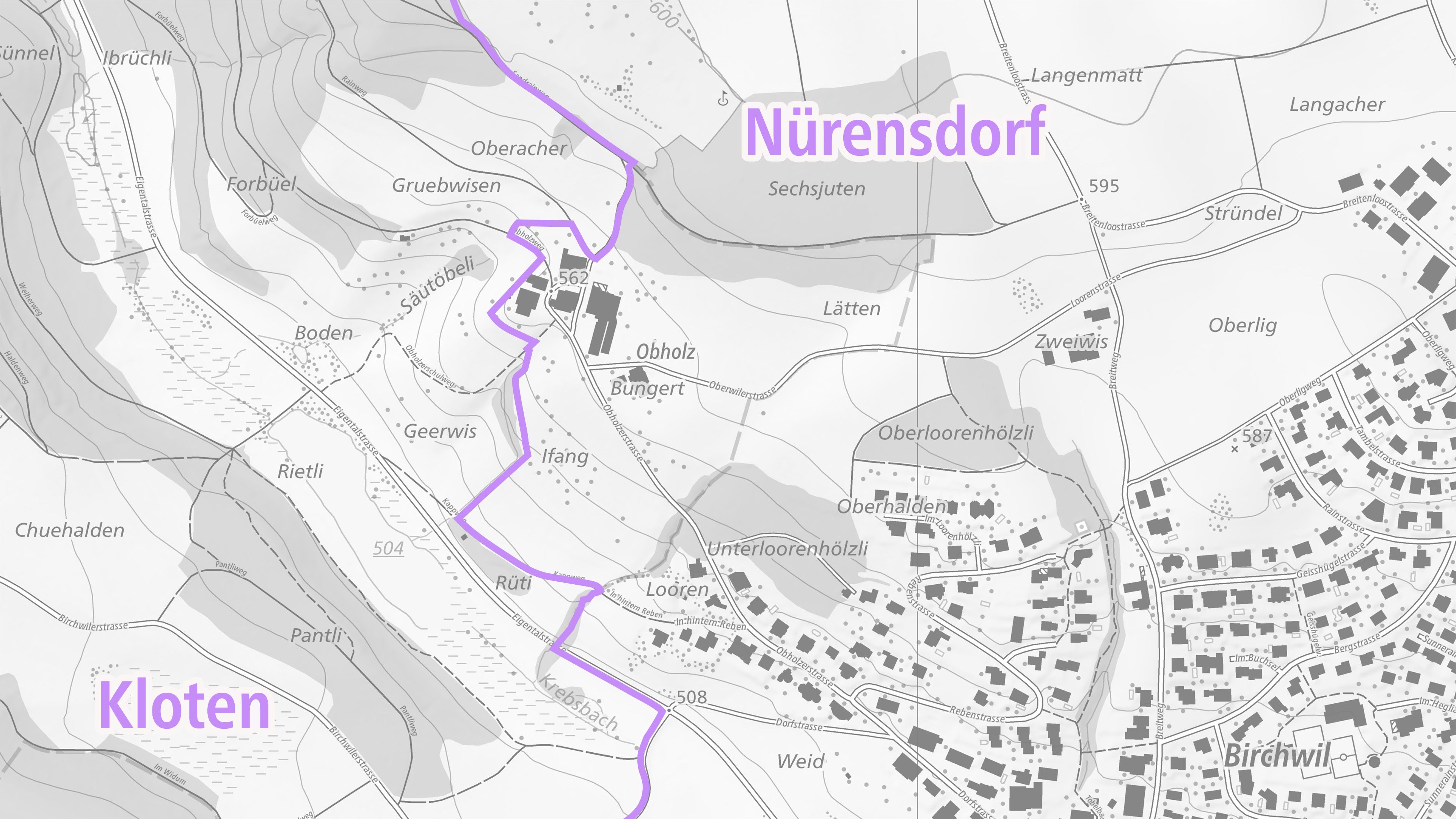The image shows the new border between the municipalities of Kloten and Nürensdorf on a gray national map from swisstopo.