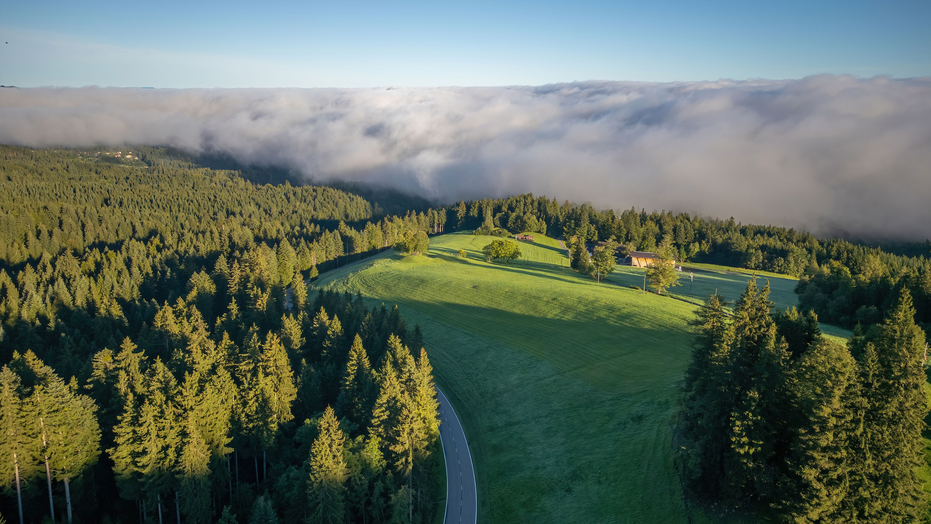 Luftaufnahme im Gurnigel-Gebiet. Wald, Wiese und eine Strasse im Vordergrund. Das Aaretal im Hintergrund liegt unter dem Nebel.