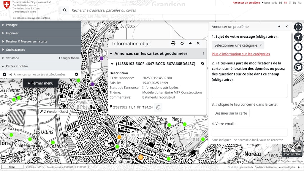 Capture d'écran de l'outil en ligne swisstopo pour l'envoi de remarques de correction. Dans le visualiseur de cartes, on voit les différentes annonces soumises sous forme de points et une fenêtre ouverte pour la saisie des annonces.