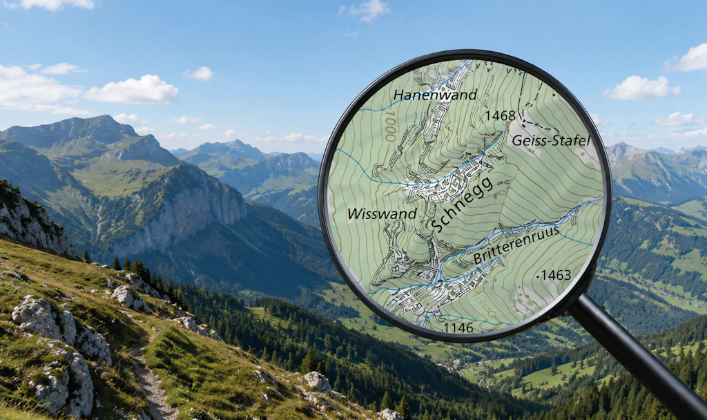 Bild zeigt Bergpanorama und eine Lupe mit Kartenausschnitt auf den Namen Schnegg in der Landeskarte