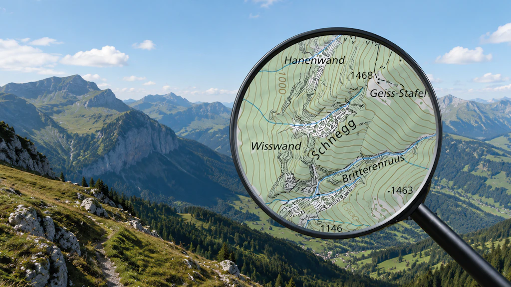 Bild zeigt Bergpanorama und eine Lupe mit Kartenausschnitt auf den Namen Schnegg in der Landeskarte