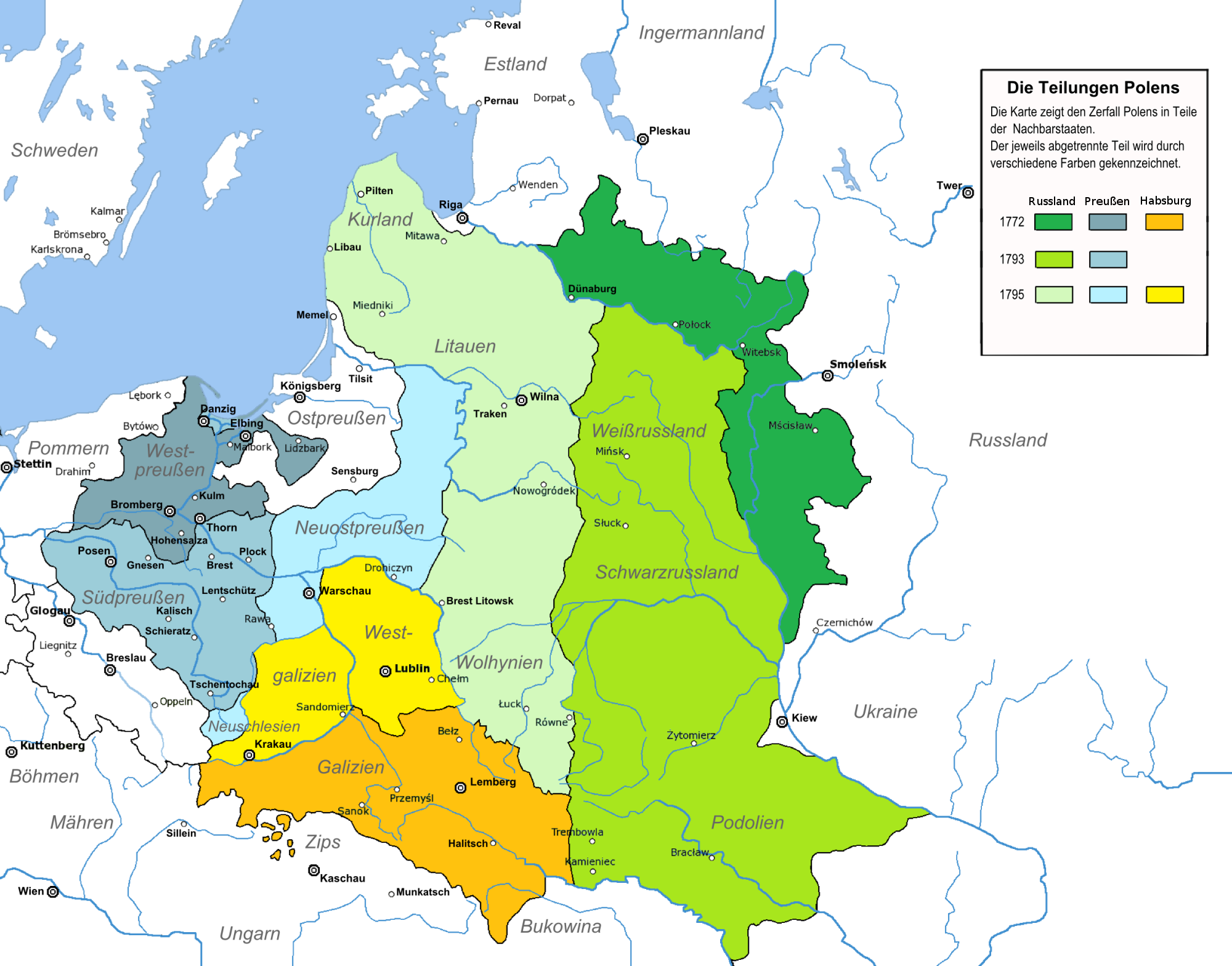 Die Karte zeigt, wie Polen in drei aufeinanderfolgenden Teilungen Schritt für Schritt zwischen dem Russischen Reich, dem Deutschen Reich und Österreich aufgeteilt wurde, bis das Land nicht mehr existierte.