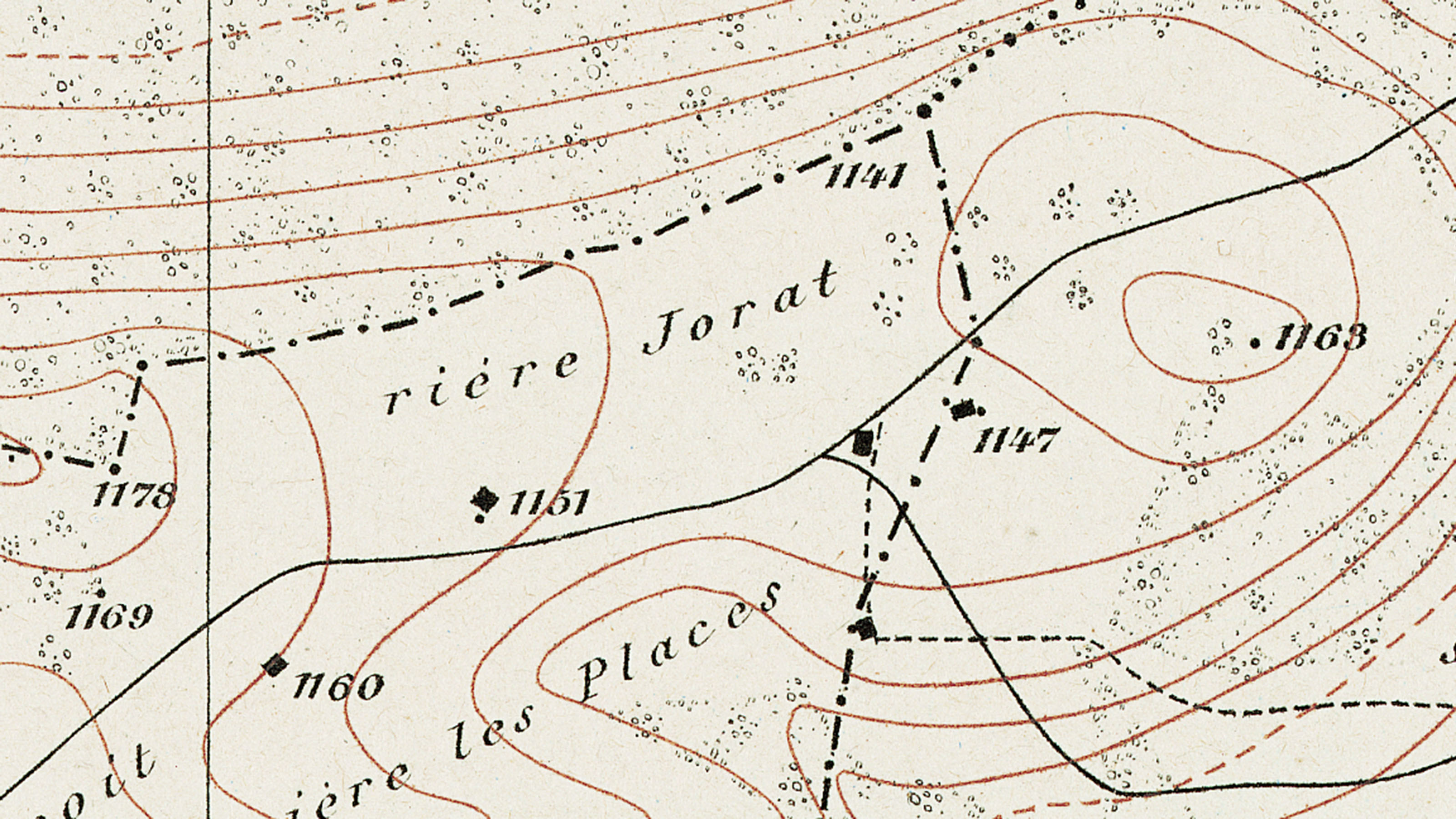 Ausschnitt aus der Siegfriedkarte von 1887. Ein Flurname ist als "rière Jorat" eingetragen.