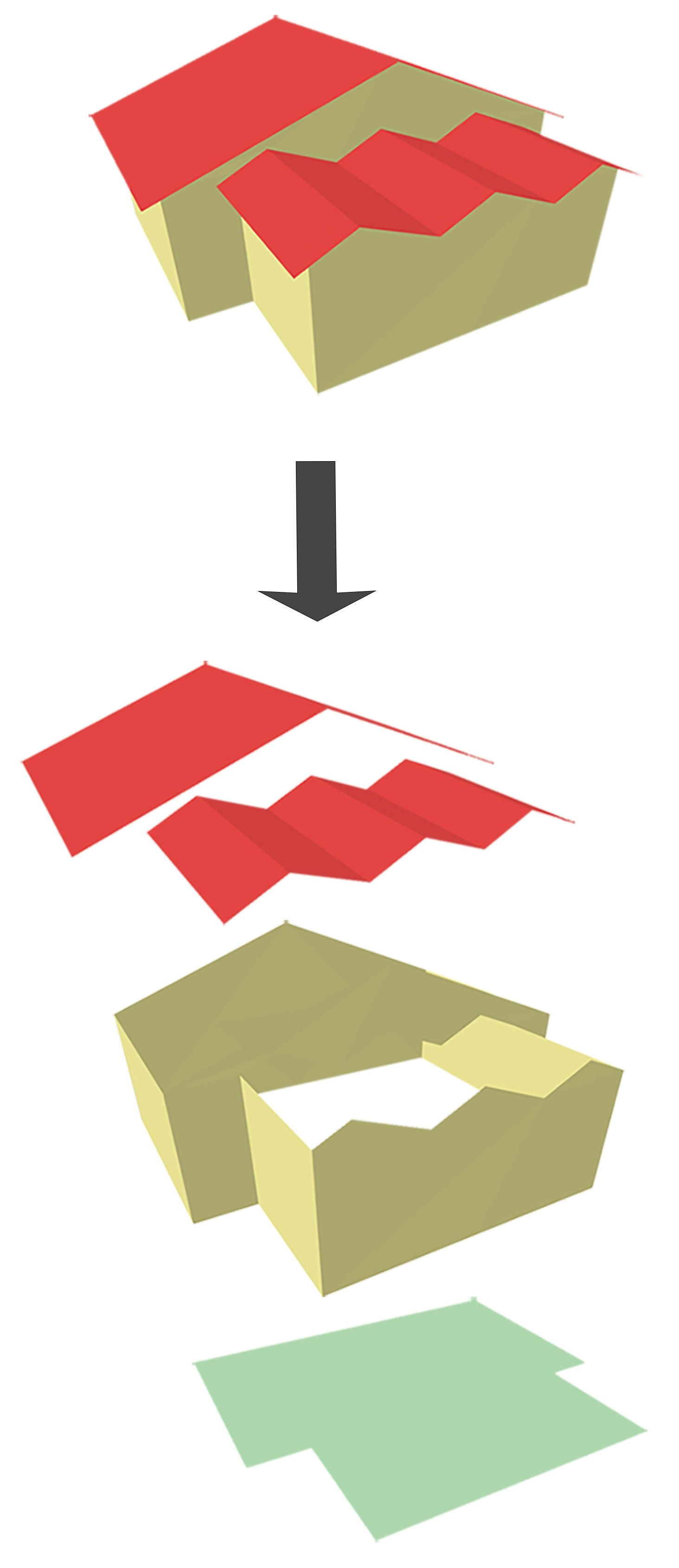 Die separaten Dächer, Fassaden und Grundrisse als Flächenobjekte modelliert.