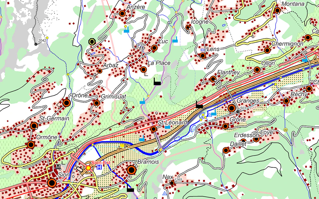 Das Bild zeigt das symbolisierte Landschaftsmodell swissTLMRegio im Gebiet Sion.